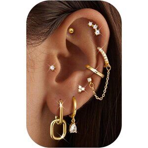 ⚡Gold Plated Hoop Stud and Chain Earrings Set for Women Fashion Jewelry Multiple